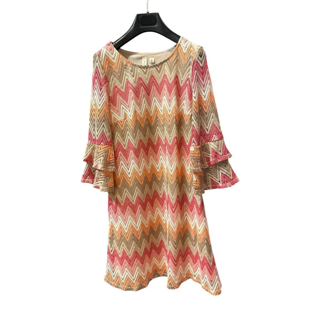Crochet dress S multicolor chevron pattern grannycore bell tiered sleeves boho